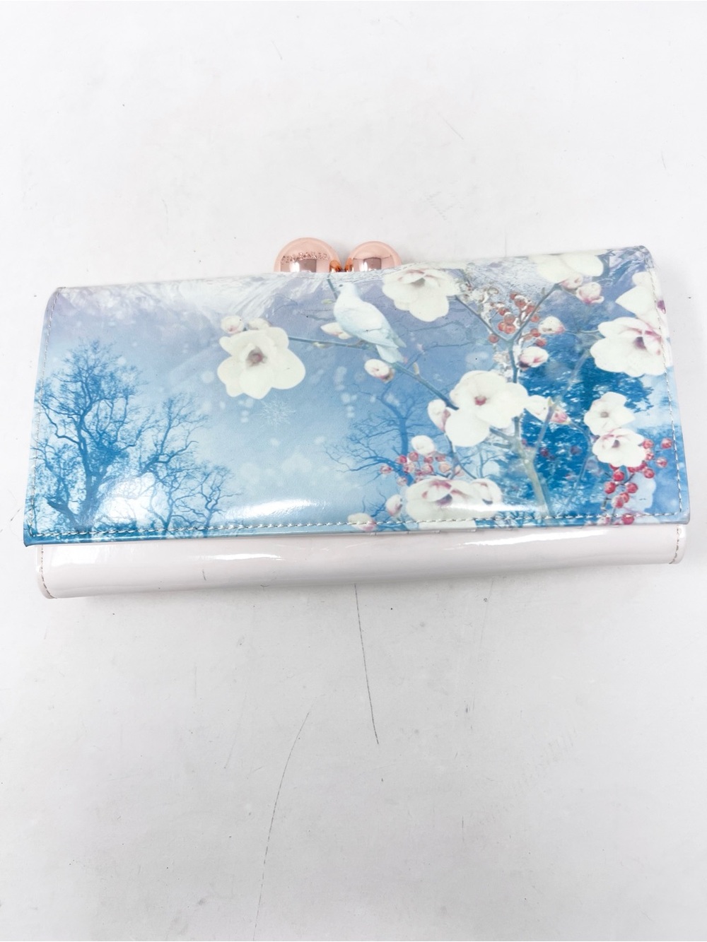 TED BAKER PATENT LEATHER BLUE FLORAL WALLET ROSE GOLD HARDWARE